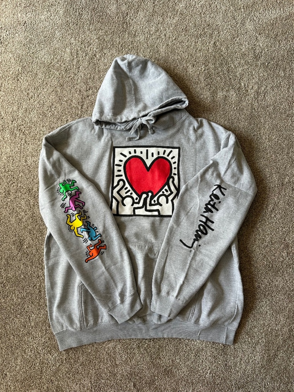 Keith Haring Heart Graphic Hoodie Gray Dancing Figures Pop Art Pullover XL